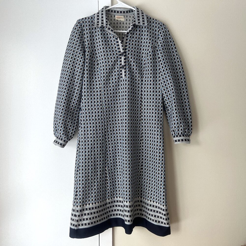 Vintage Geometric Dot Dress 36" Bust Blue White Made in U.K.